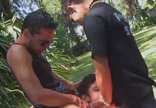 Handsome latino studs outdoor threesome sex